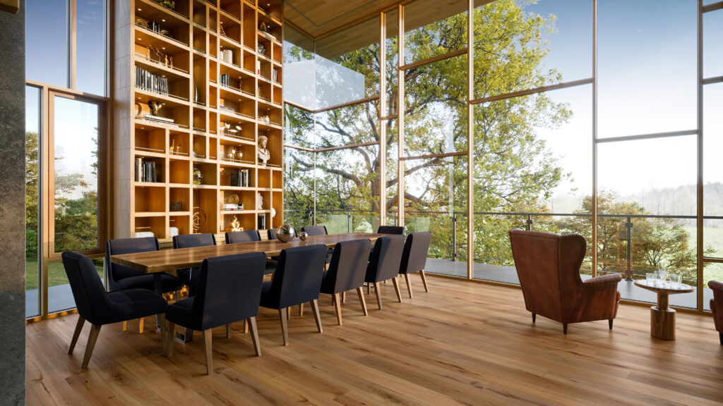 Decorated indoor room with natural lighting and Appalachian Cotton White Oak Live Sawn Character Prefinished Hardwood.