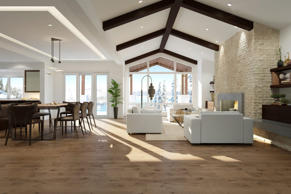 Decorated indoor room with natural lighting and Appalachian Linen White Oak Live Sawn Character Prefinished Hardwood.