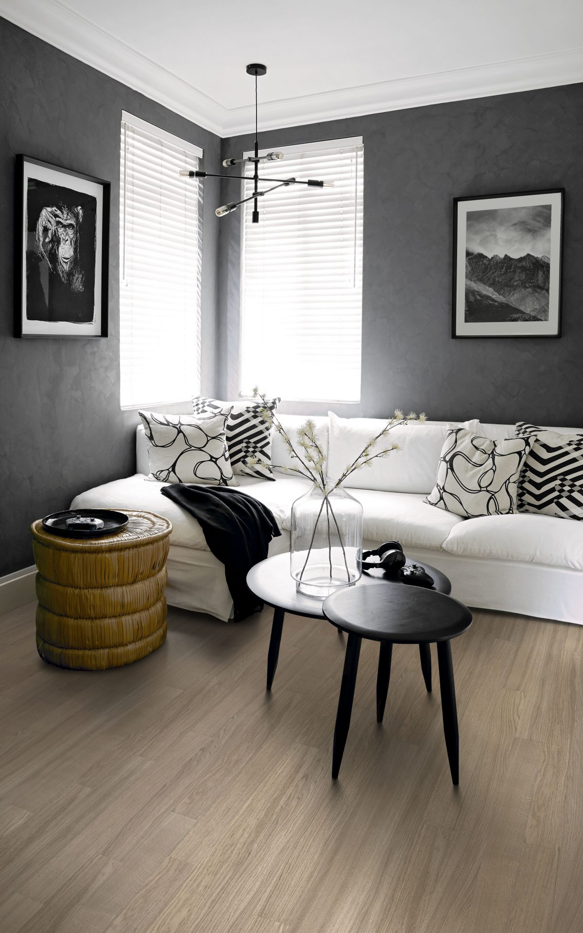 Decorated living room with Kahrs Earl Grey Narrow Prefinished Hardwood.