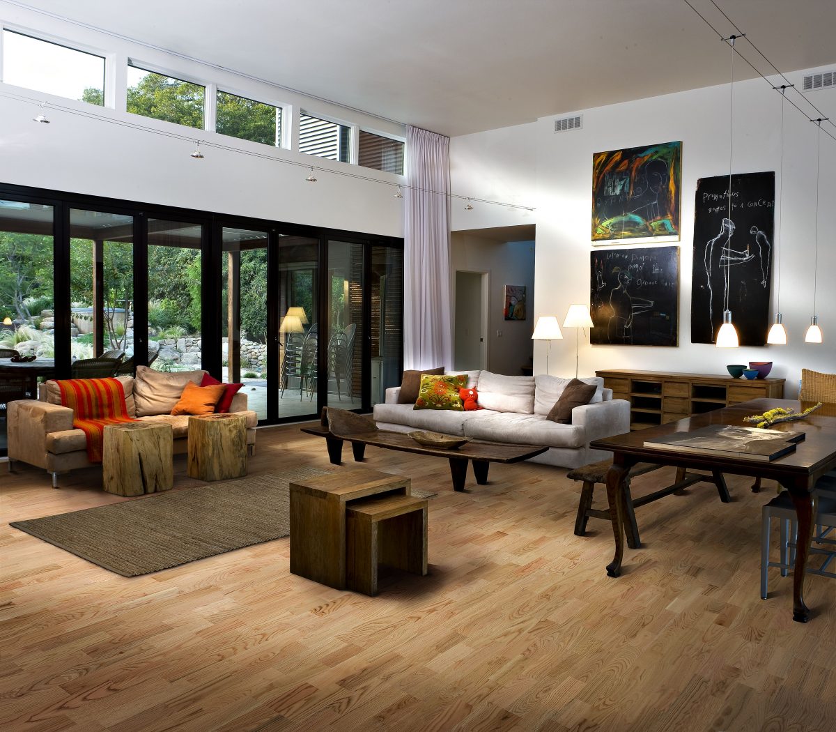 Decorated living room with Kahrs Red Oak Nature Prefinished Hardwood.