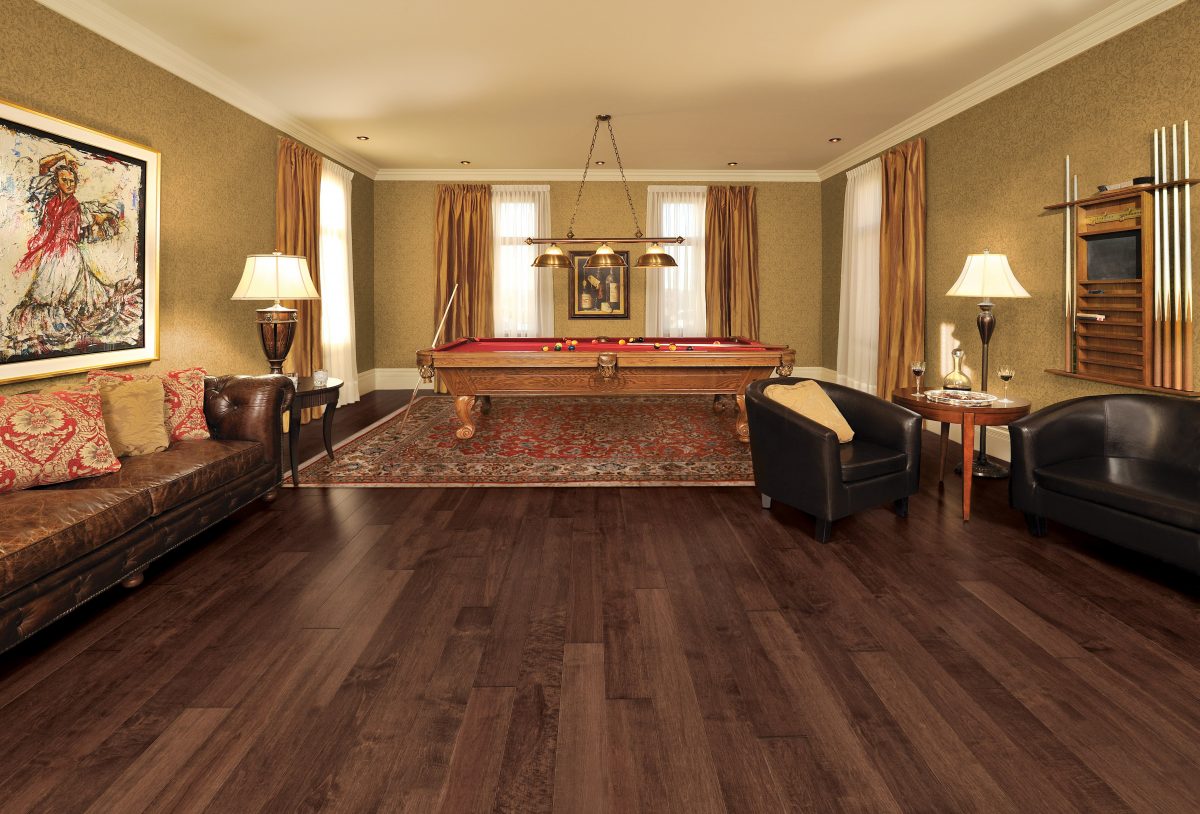 Decorated indoor space with Mirage Maple Gingerbread Character Prefinished Hardwood.