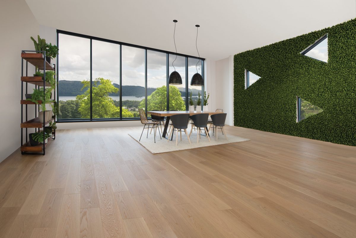 Decorated dining space with Mirage White Oak Natural Exclusive Brushed Prefinished Hardwood.