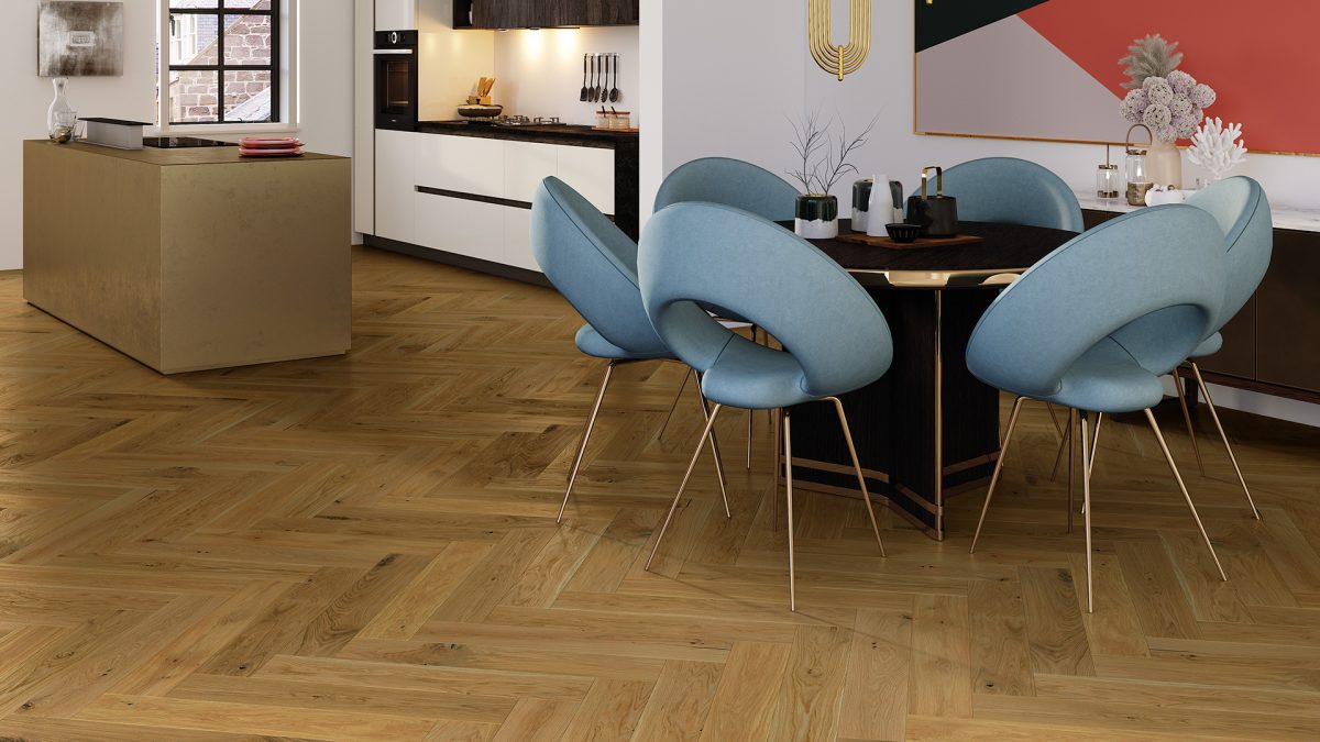 Decorated dining space with Barlinek Oak Mainland Herringbone Prefinished Hardwood.