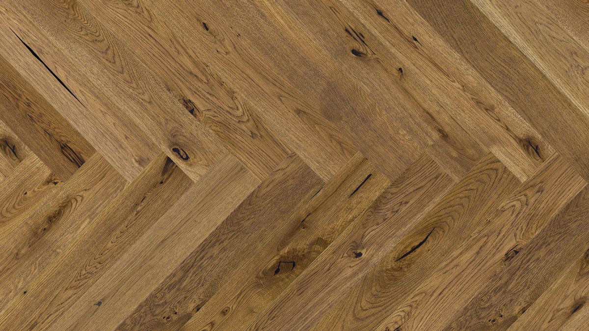 Close up of Barlinek Oak Mainland Herringbone Prefinished Hardwood.