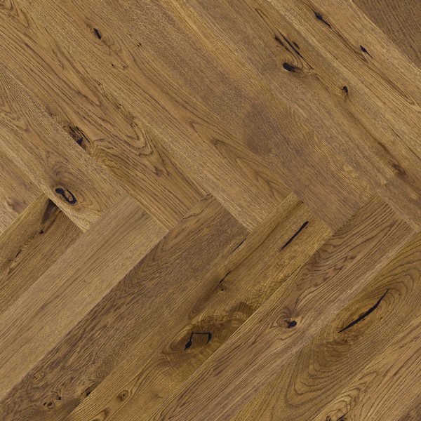 Close up of Barlinek Oak Mainland Herringbone Prefinished Hardwood.