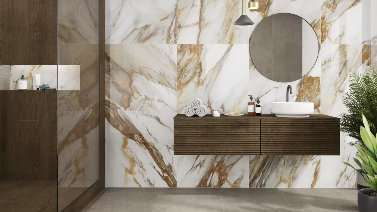 Decorated bathroom space with Pamesa Antic Pulido Tiles And Stone.