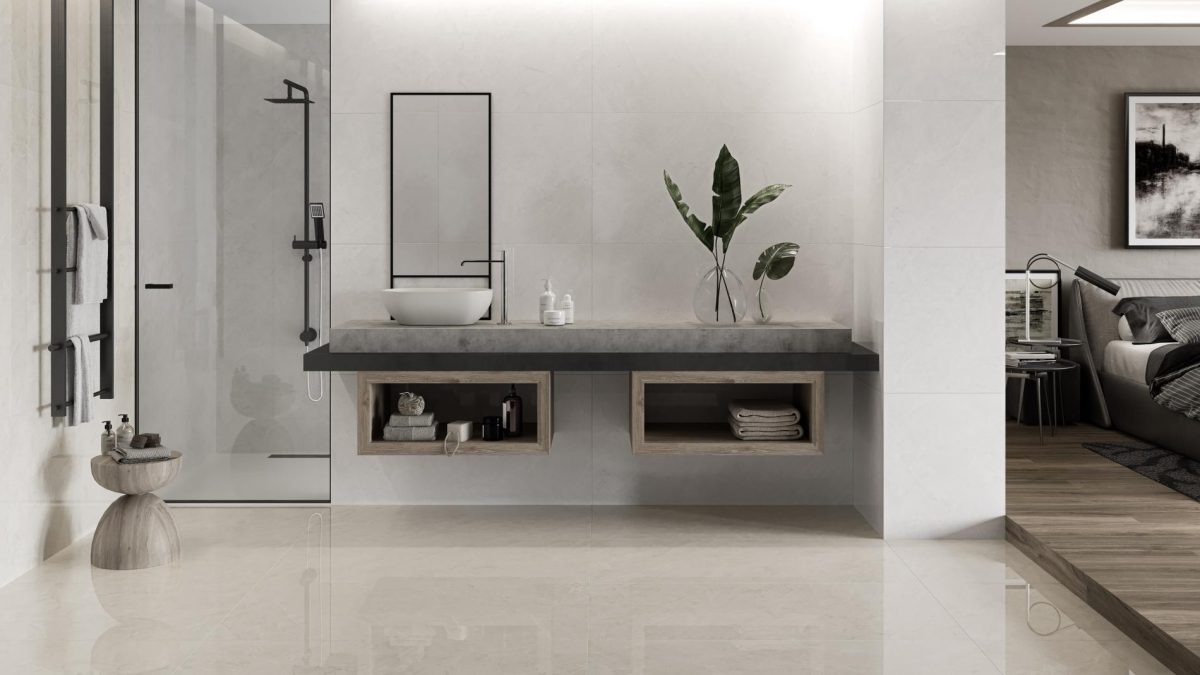 Decorated bathroom space with Pamesa Belvedere Ivory Tiles And Stone.