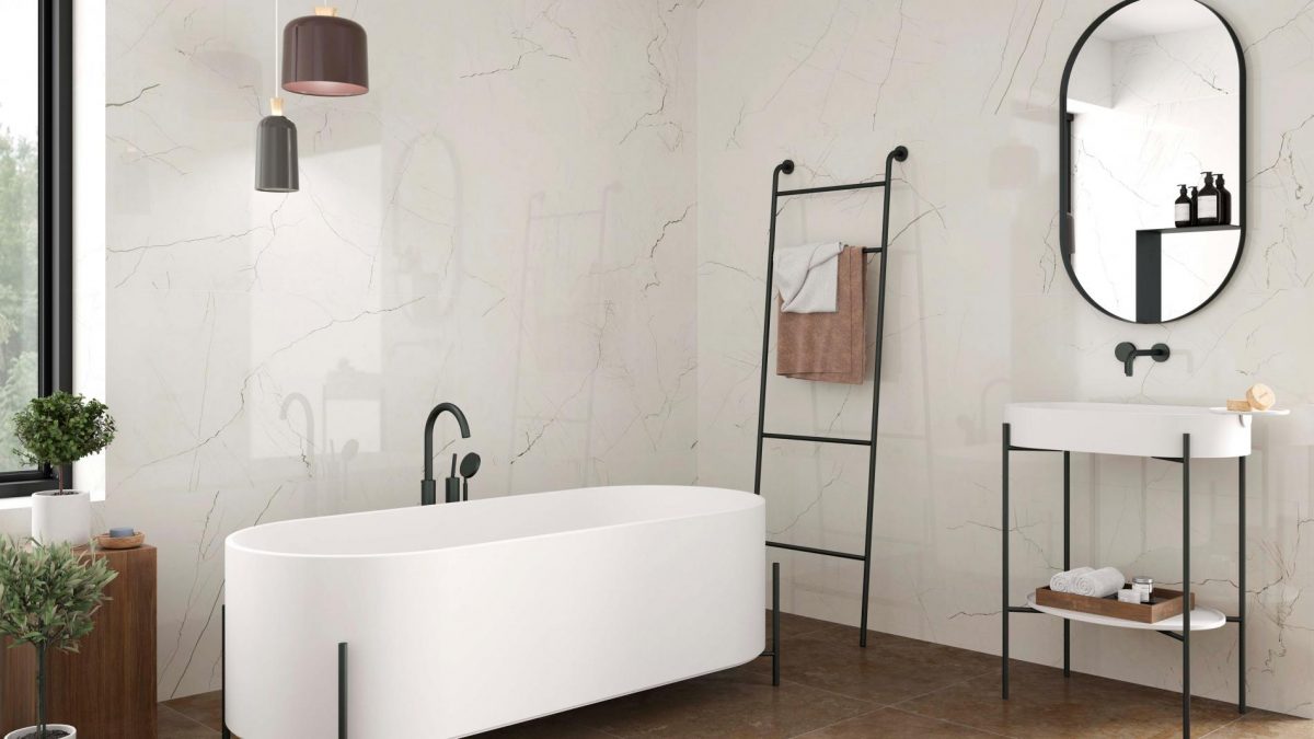 Decorated bathroom space with Pamesa Desert Natural Pulido Tiles And Stone.