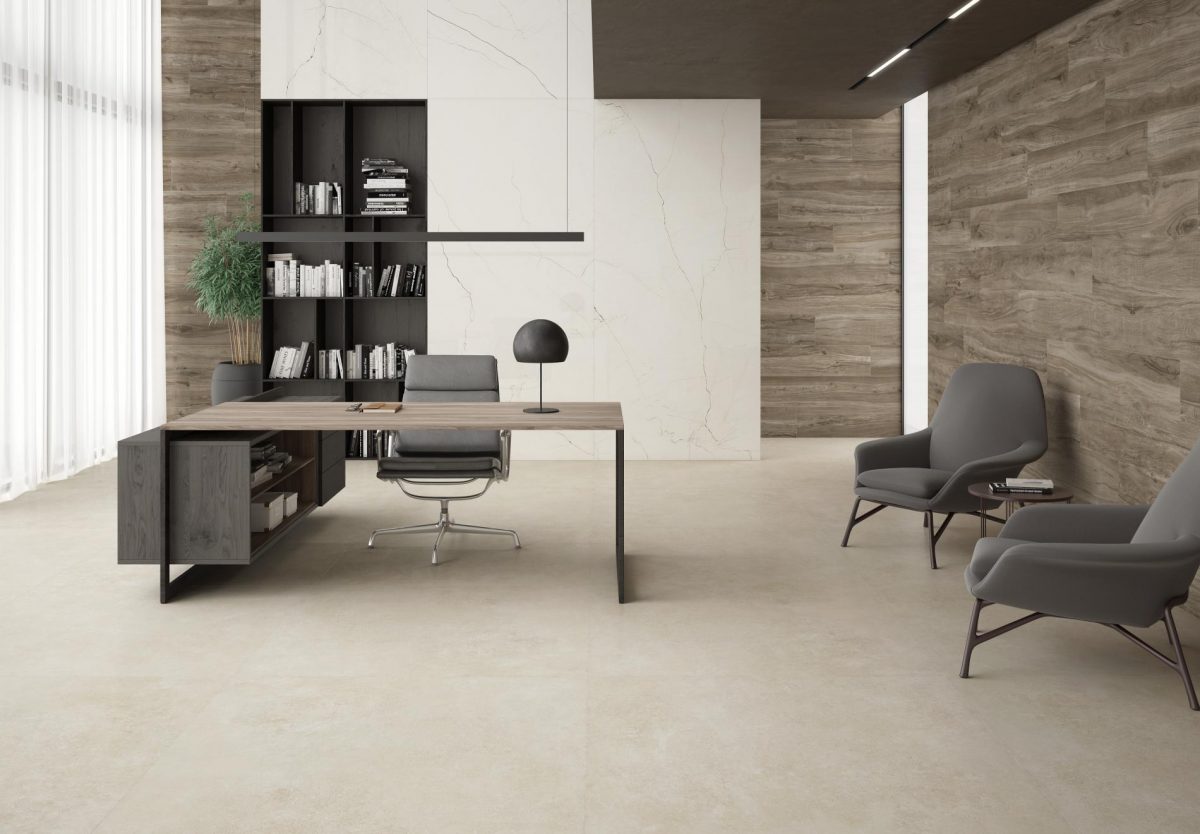 Decorated study with Pamesa Desert Natural Pulido Tiles And Stone.