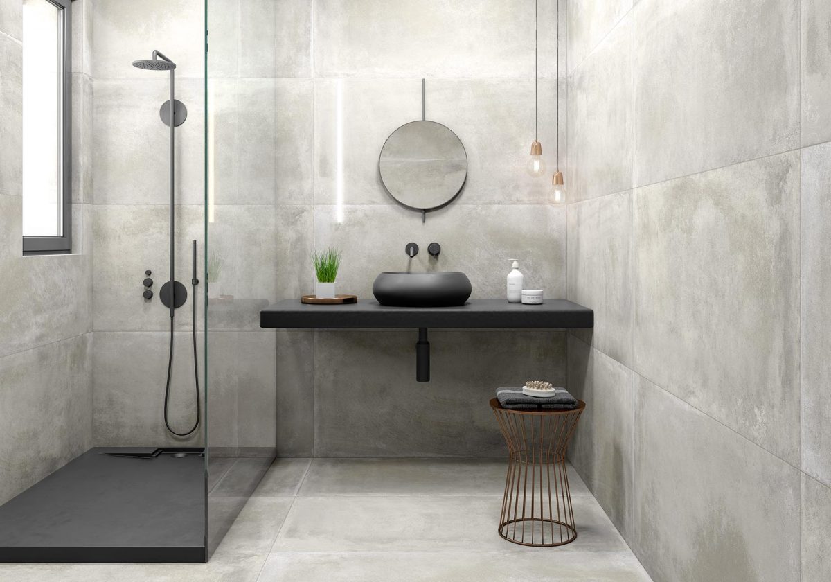 Decorated bathroom space with Pamesa Elite Gris Tiles And Stone.