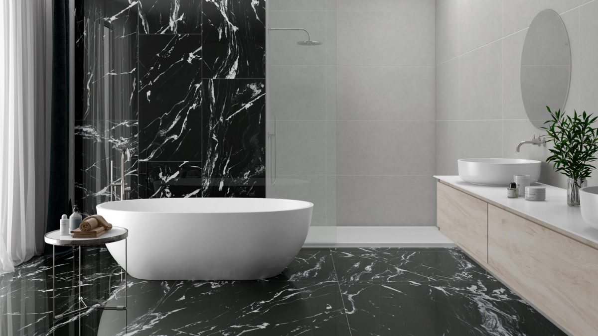 Decorated bathroom space with Pamesa Lux Iliria Nero Tiles And Stone.