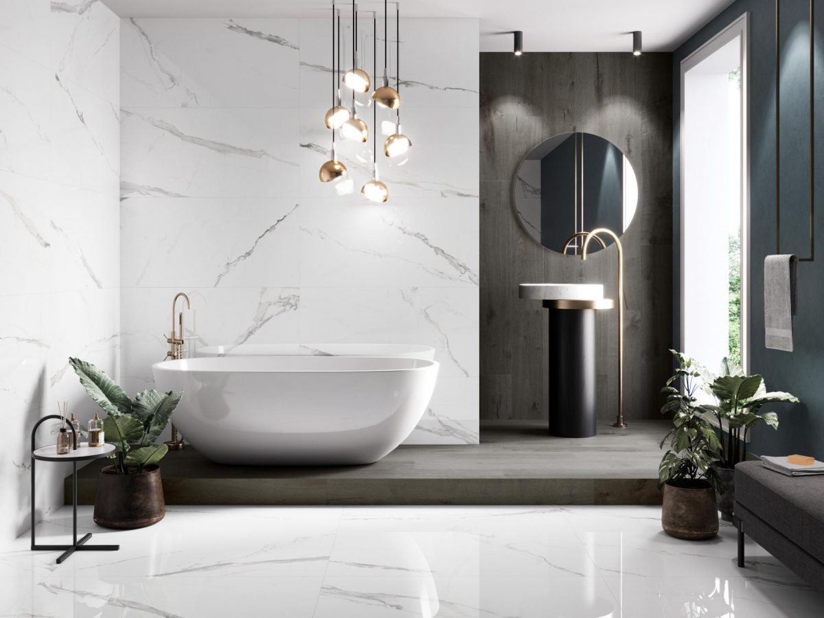 Decorated bathroom space with Pamesa XXL Cellini Blanco Tiles And Stone.