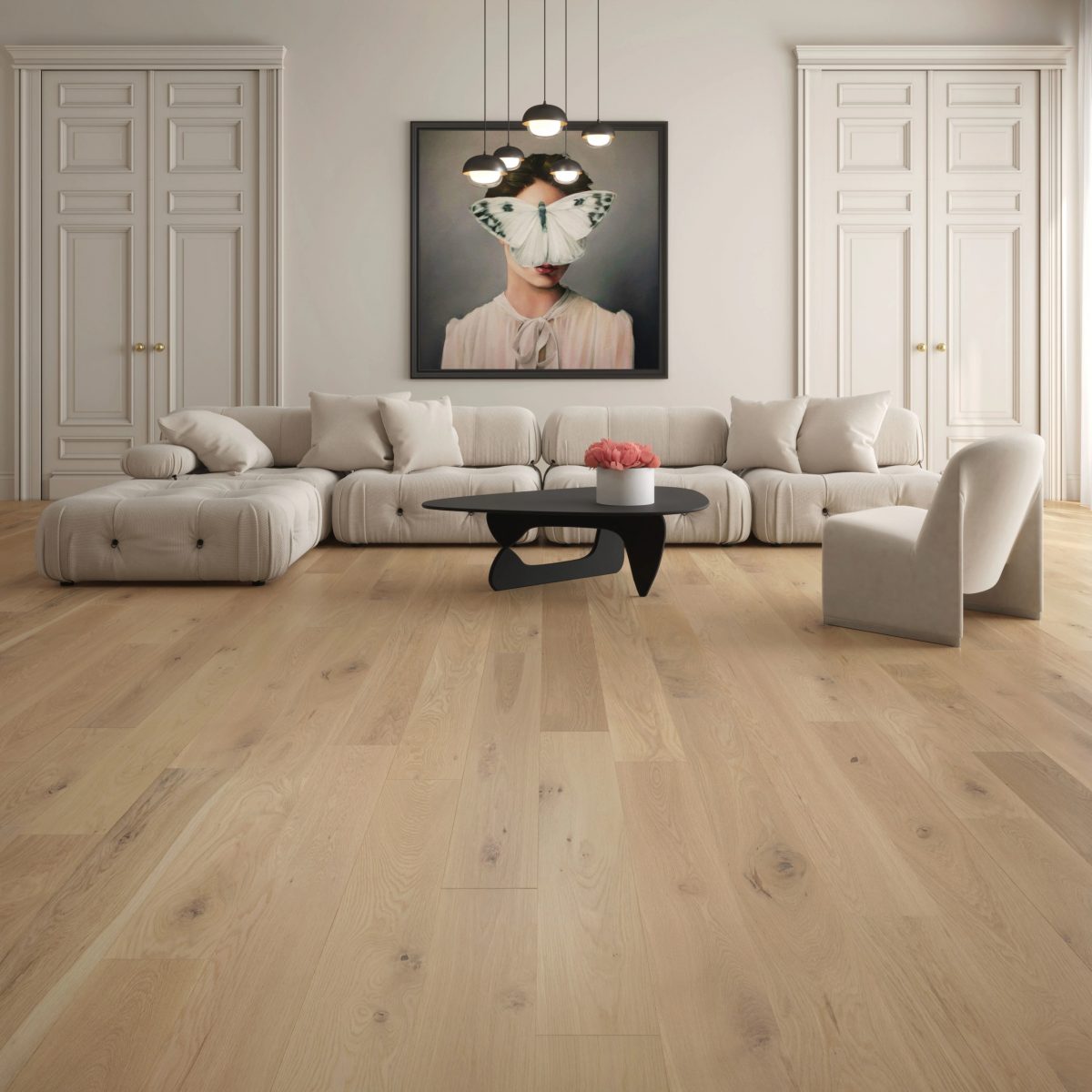 Decorated living room with Mirage White Oak Ingrid Character Prefinished Hardwood.