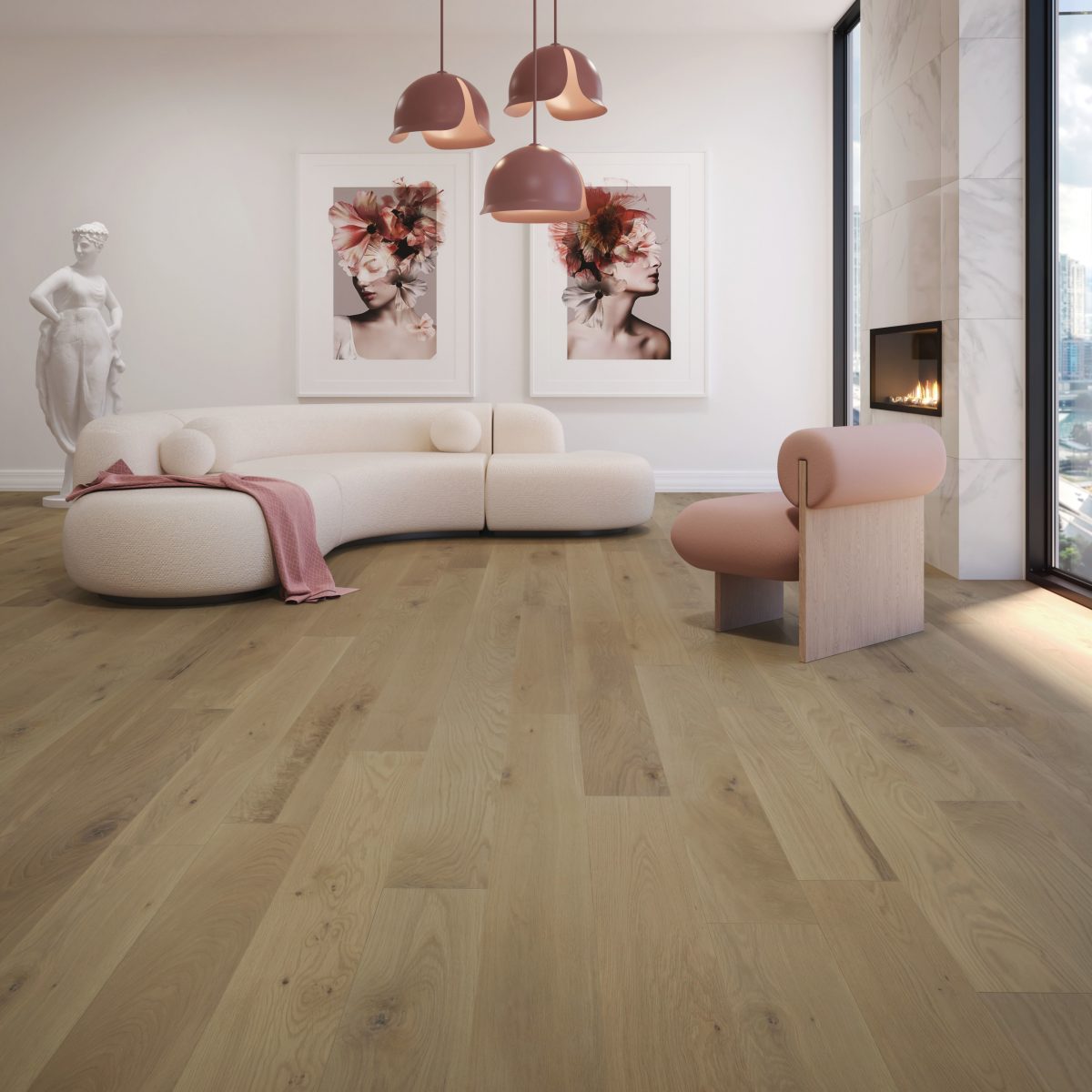 Decorated living room with Mirage White Oak Maud Character Prefinished Hardwood.