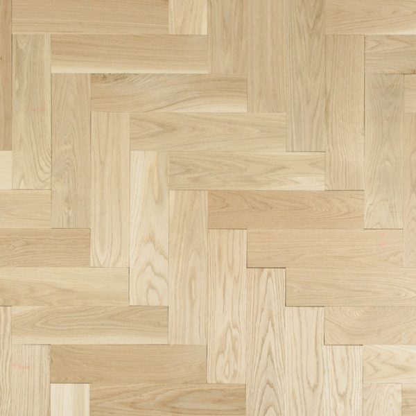 Close up of White Oak Herringbone Solid Unfinished Hardwood.