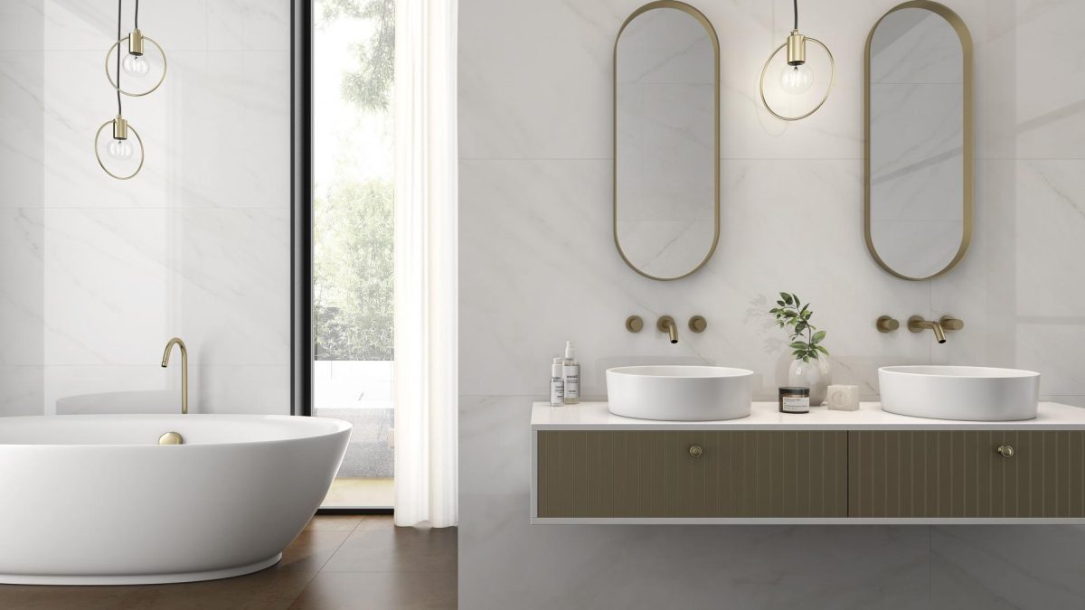 Decorated bathroom vanity with Pamesa Lenci Blanco Pulido Tiles And Stone.