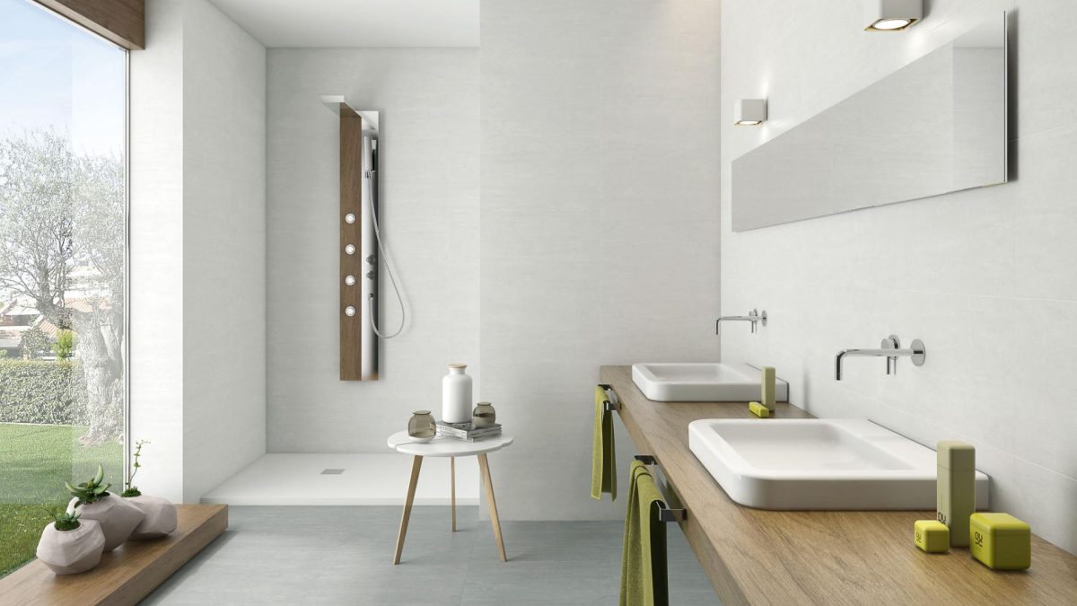 Decorated bathroom space with Pamesa Marte Gris And Marte Perla Tiles And Stone.