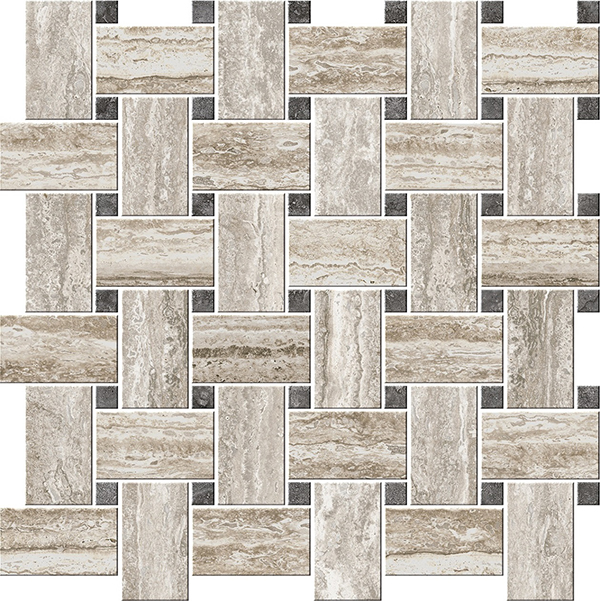 Close up of Cisa Icon Vein Cut Chesterfield Mosaic Caldo Tiles And Stone.