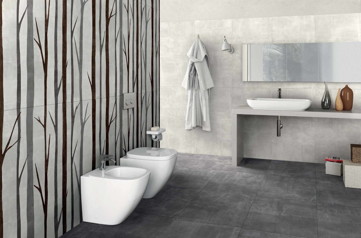 Decorated bathroom space with Dado Fabric Anthracite And Fabric White Tiles And Stone.