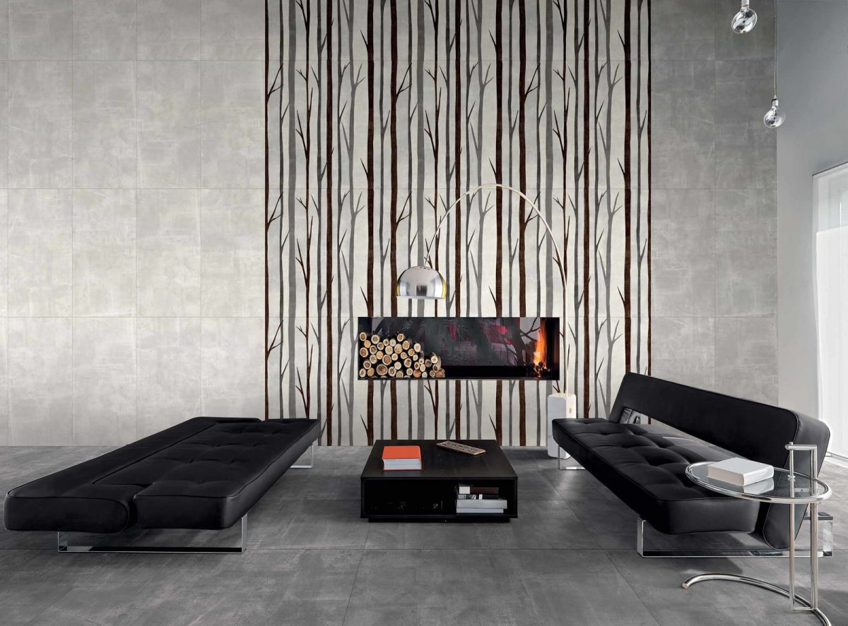 Decorated indoor space with Dado Fabric Anthracite Tiles And Stone.