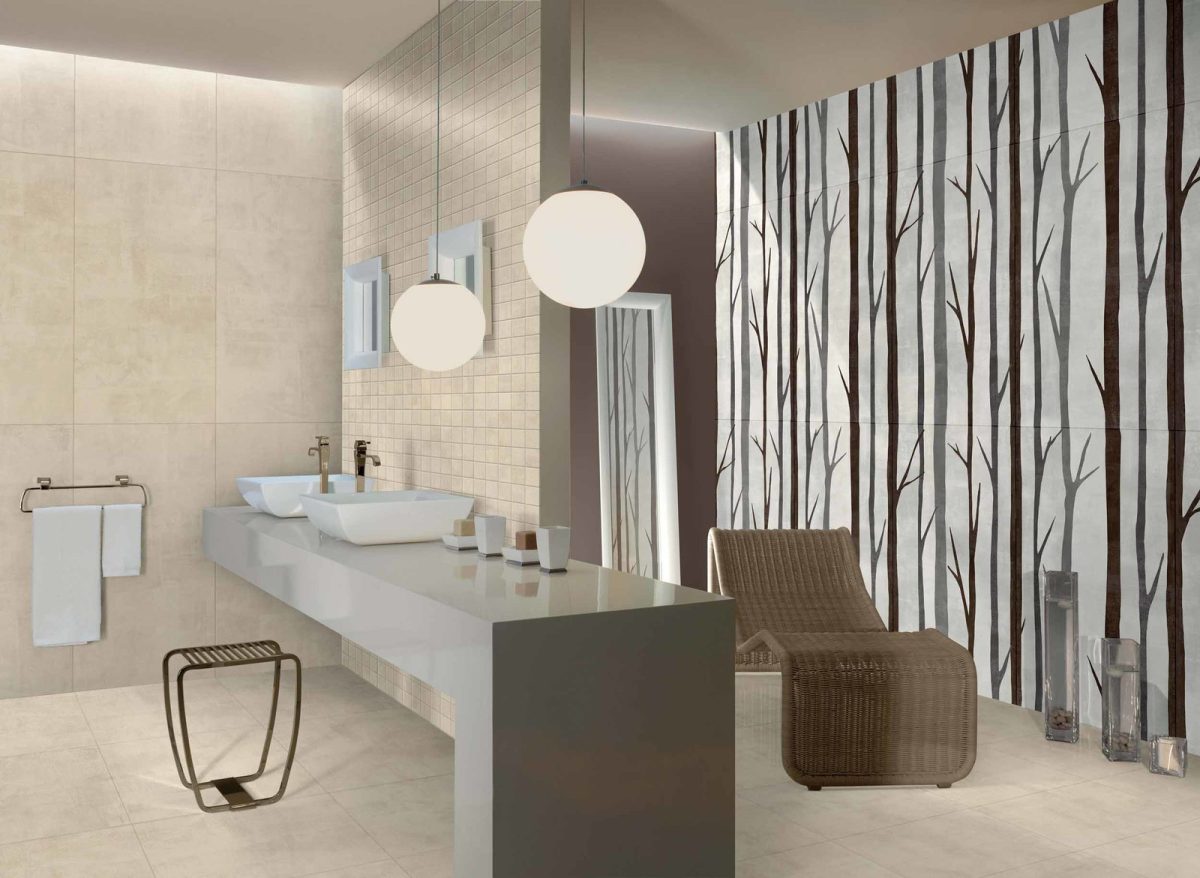 Decorated bathroom space with Dado Fabric Beige Tiles And Stone.