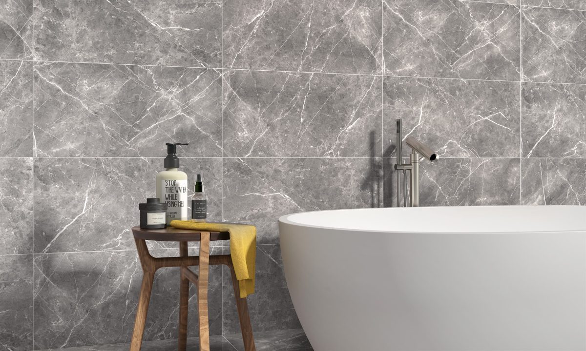 Decorated bathroom bathtub with Ecoceramic Bologna Marengo Pulido Tiles And Stone.