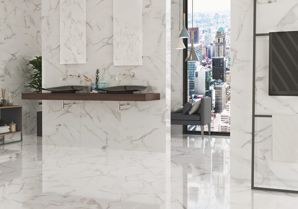 Decorated bathroom space with Ecoceramic Casablanca Blanco Pulido Tiles And Stone.