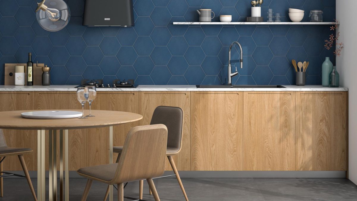 Decorated kitchen space with Pamesa Mayfair Hex Navi Tiles And Stone.