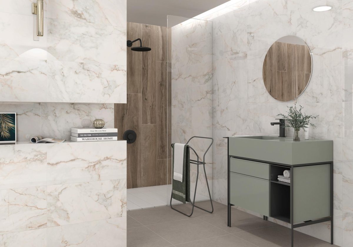 Decorated bathroom vanity with Pamesa Pisa Gold Tiles And Stone.